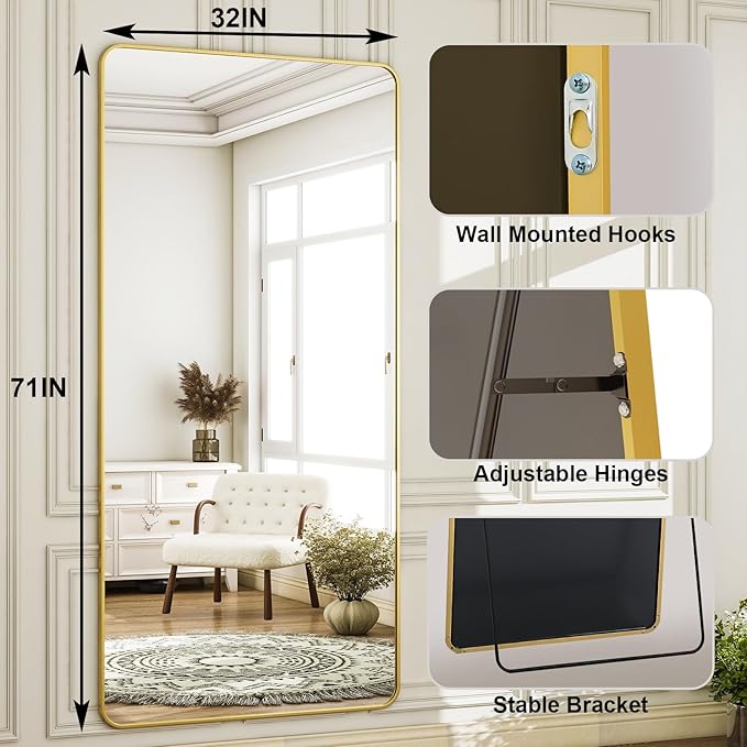HARRITPURE 71"x32" Large Full Length Mirror - Rectangular Gold Aluminum Frame Floor Mirror with Stand for Bedroom, Living Room, Cloakroom, Full Body Reflection