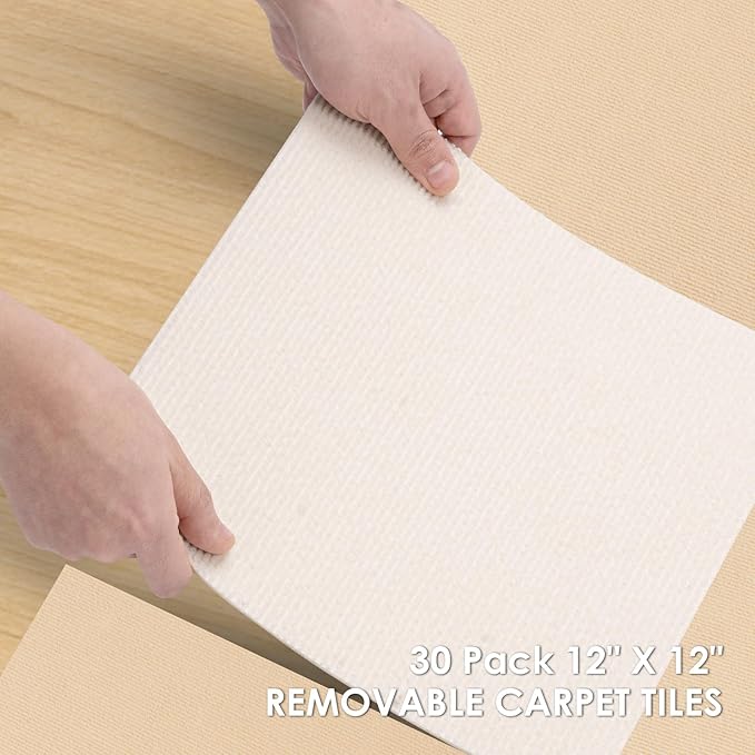 Carpet Tile 30 Pack 12” X 12” Self Adhesive Carpet Floor Tiles Anti-Slip Squares Peel and Stick Floor Tile DIY Installation for Bedroom (Beige-White)