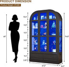 Arched Display Cabinet with 3 Glass Doors,5-Tier Curio Cabinet W/3 Color Lights for Collectibles,78'' Tall Curio Cabinet W/2 Drawers,Modern Display Case W/Human Body Sensor for Living/Game Room,Black