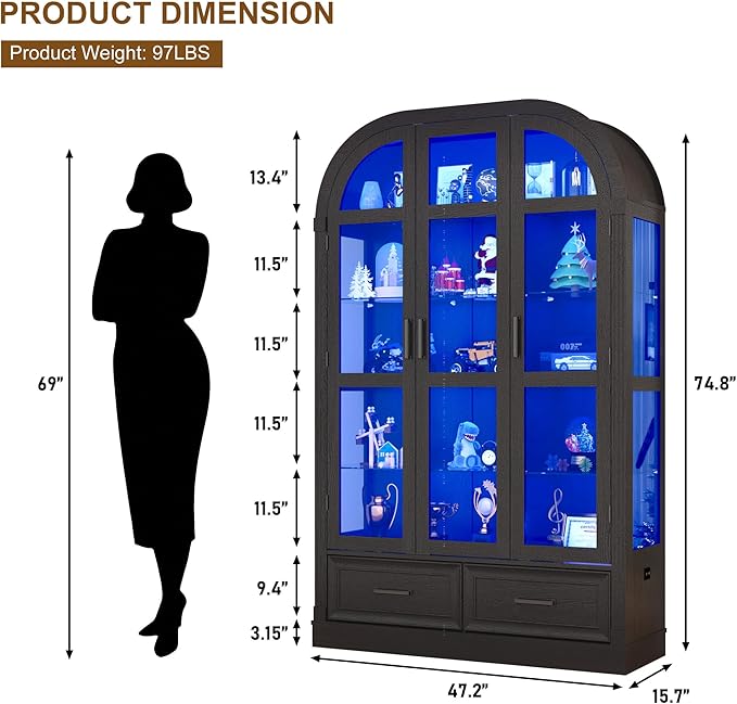 Arched Display Cabinet with 3 Glass Doors,5-Tier Curio Cabinet W/3 Color Lights for Collectibles,78'' Tall Curio Cabinet W/2 Drawers,Modern Display Case W/Human Body Sensor for Living/Game Room,Black