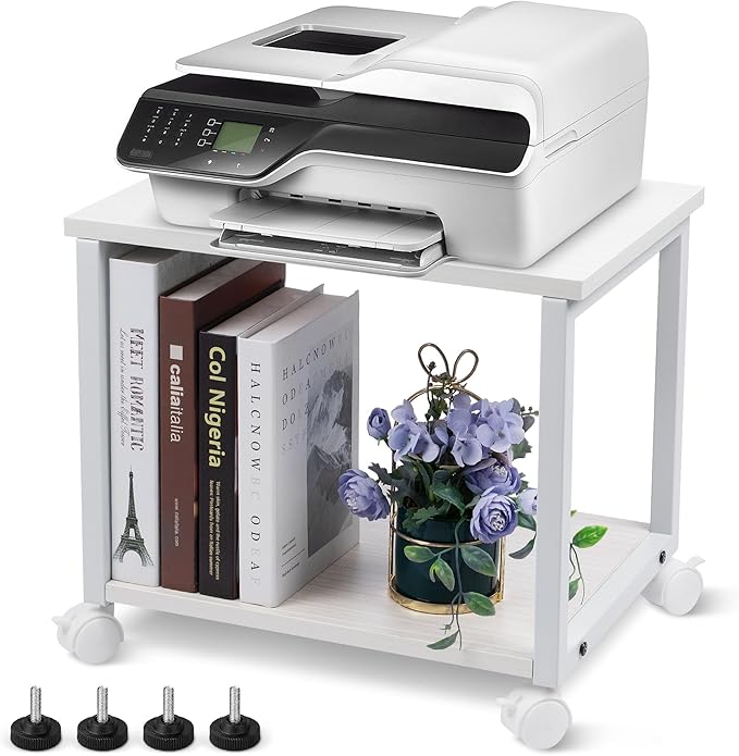 Under Desk Printer Stand - 2-Tier Industrial Mobile Printer Table with Storage Shelf, Heavy Duty Wood Rolling Printer Cart with Wheels for Home and Office,Maple White