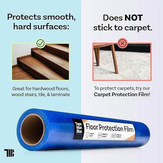 Floor Protection Film, 24" x 500', Made in USA, Blue Self Adhesive Floor Protector Tape for Moving, Painting and Construction, Temporary Covering to Shield Hardwood, Tile, Hard Surfaces (Not Carpet)