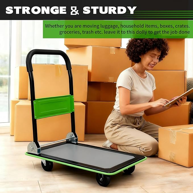 Green Folding Platform Hand Truck 330 lbs Capacity, Heavy Duty Flatbed Cart with 360° Swivel Silent Wheels, Non-Slip Alloy Steel Dolly for Warehouse, Delivery, and Storage – Foldable Design