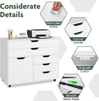 File Cabinet, White Filing Cabinet w/Universal Wheels, Wood Printer Stand w/Storage, Rolling File Cabinets for Home Office, Living Dining Room (White, 2 Large Drawers & 3 Small Drawers)