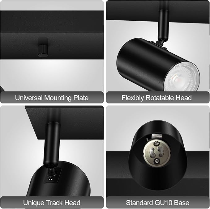 BoostArea Plug in Track Lighting, LED Track Light Kit, Black 4-Light Track Lights for Kitchen, 15 FT Cord,4 Way Ceiling Spotlight, Rotatable Wall Mount Light Head for Bedroom Hallway Living Room