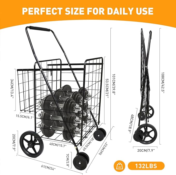 Folding Shopping Cart, Jumbo Grocery Cart with Double Baskets, 360° Swivel Wheels, Heavy Duty Utility Cart, 132 LBS Large Capacity Utility Cart for Groceries Laundry Book Luggage, Black