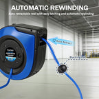 65Ft Heavy Duty Cord Reel, Retractable Extension Cord, 12AWG/3C SJTOW, Lighted Triple Tap Outlets 15A Circuit Breaker, Wall/Ceiling Mounted, Adjustable Stopper UL Listed Blue