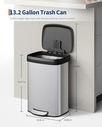 Garvee 13 gal / 50 L Stainless Steel Trash Can with Lid, Large Garbage Can for Kitchen, Rustproof Step-on Kitchen Metal Trash Bin with Liner Rim, Rear Handle, Soft Close Plastic Lid, Silver