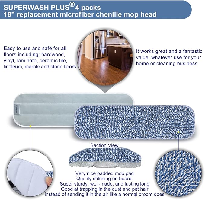 Replacement Microfiber Floor Cleaning Pads - 18''x5'' Dust Mop Refill Sweeping Pad Compatible with Bona Mop, Fits 17” to 18” Flat Mop - 4 Pack