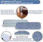 Replacement Microfiber Floor Cleaning Pads - 18''x5'' Dust Mop Refill Sweeping Pad Compatible with Bona Mop, Fits 17” to 18” Flat Mop - 4 Pack