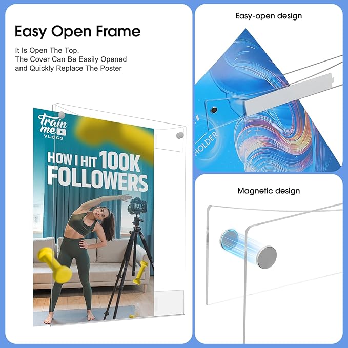 Acrylic Sign Holder 8.5 x 11 Wall Mount, Adhesive & Magnetic Back - Vertical or Horizontal Mount for Office, Classroom, Retail Displays on Glass, Doors, Wood, or Other Smooth Surfaces