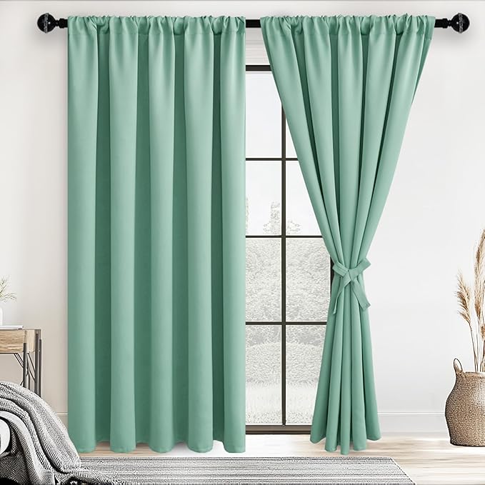 JIUZHEN Blackout Curtains for Bedroom - 70 x 84 Inch Extra Wide Privacy Assured Thermal Insulated Room Darkening Room Divider Curtain Cover for Living Room, Set of 2 Panels with Tiebacks,Sage Green