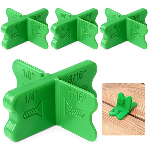 4 Pcs Deck Spacer Tool, Green Deck Board Spacers with 4 Thicknesses 1/16", 1/8", 3/16", 1/4", Deck Spacers Jig Clamp for Pressure Treated Composite Decking Boards