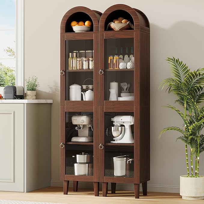 71” Tall Arched Pantry Cabinet with Glass Door, Display Cabinet Organizer, Versatile Pantry with Top-Opening Storage Container for Living, Kitchen Dining Room, Brown