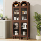 71” Tall Arched Pantry Cabinet with Glass Door, Display Cabinet Organizer, Versatile Pantry with Top-Opening Storage Container for Living, Kitchen Dining Room, Brown