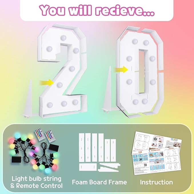Marquee Numbers 20th Birthday Decoration: Colorful 3FT Large Light Up 20 Year Old Birthday Decorations Anniversary Backdrop Cardboard Sign 18 Colors Number 20 Mosaic Balloon Frame