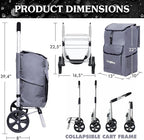 Ultra-Lightweight Gray Foldable Shopping Cart for Groceries Large 42L Capacity Rubber Wheels, Removable Insulated Bag Liner, Durable Aluminum Frame, Multi-Function Personal Hand Truck