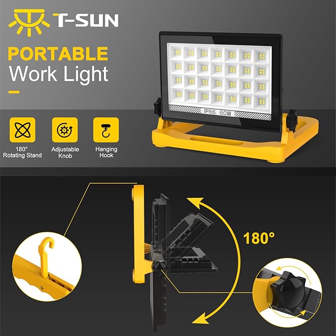 T-SUN LED Work Light with Stand, 60W 6000K LED Flood Light Outdoor with 13FT Cord, 3 Adjustable Lighting,Magnetic Base/Hook Design, Portable Work Lights for Job Site, Construction, Workshop, Garage