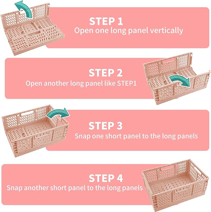 Domiella 2-Pack Crates for Storage, Storage Crates Plastic Stackable, Foldable Crate for Office Home Kitchen Bedroom Bathroom (Large, Pink)