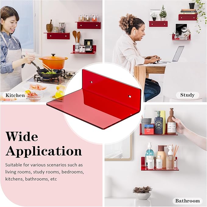 9 Inch Red Acrylic Small Wall Shelf, Home Wall Display Ledges for Storage, Room Décor, Space Saving, Items Organizer, 2 Pack