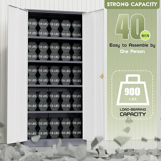 Incbruce 72” Metal Storage Cabinet, Garage Cabinets and Storage System with Doors and Shelves, Tall Lockable Tool Cabinet for Garage, Office, Home (Grey White)