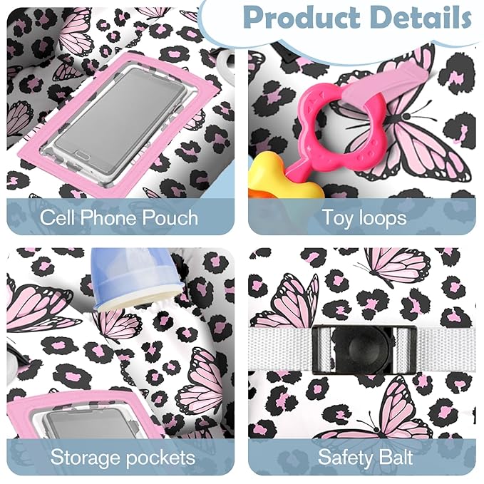 Shopping Cart Cover for Baby 2-in-1 High Chair Cover with Safety Harness Multifunctional Pink Butterfly Leopard Cart Covers for Babies Soft Padded Grocery Cart Cover for Baby Boy Girl