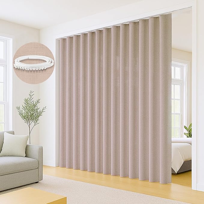 Faux Linen Semi Sheer Room Divider Curtain with Flexible Ceiling Track, Extra Wide Light Filtering Privacy Curtains for Patio Sliding Glass Door, Living Room, Bedroom, Light Coffee, W100xL108, 1 Panel