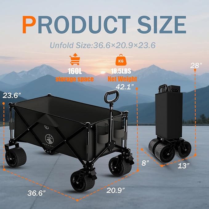 Wagons carts Foldable with Silent All-Terrain Wheels, Collapsible Heavy Duty Beach Wagon with Cup Holders and Brakes, Large Foldable Wagon for Camping,Garden,Shopping,Sports Black