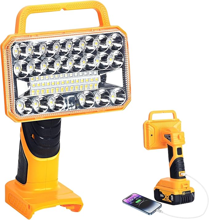 Cordless LED Work Light Compatible with DeWalt 20V Battery, 2000LM Portable Handheld Flashlights Tool with USB Port and 3 Brightness Modes for Camping, Fishing, Job Site, Indoor & Outdoor Use