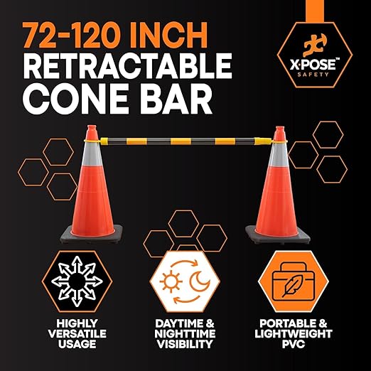 Retractable Barrier for Safety Traffic Cones - 2" OD - Large Yellow and Black Bar Barricade - for Road Construction, Parking, Warning, Temporary Security Divider (100, Yellow & Black, 72" x 120")