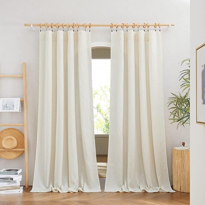NICETOWN Thick Boho Curtains Linen Drapes for Living Room, Rustic Rod Pocket Semi Sheer Panels Privacy Assured Semi Sheer Linen Blend for Living Room/Bedroom, Off White, W55 x L95, 2 Panels