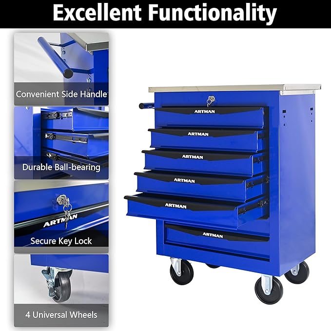 7-Drawer Heavy-Duty Rolling Tool Chest with Wheels & Steel Roof, Lockable Tool Chest Storage Cabinet for Garage, Workshop, Warehouse, and Repair Shop