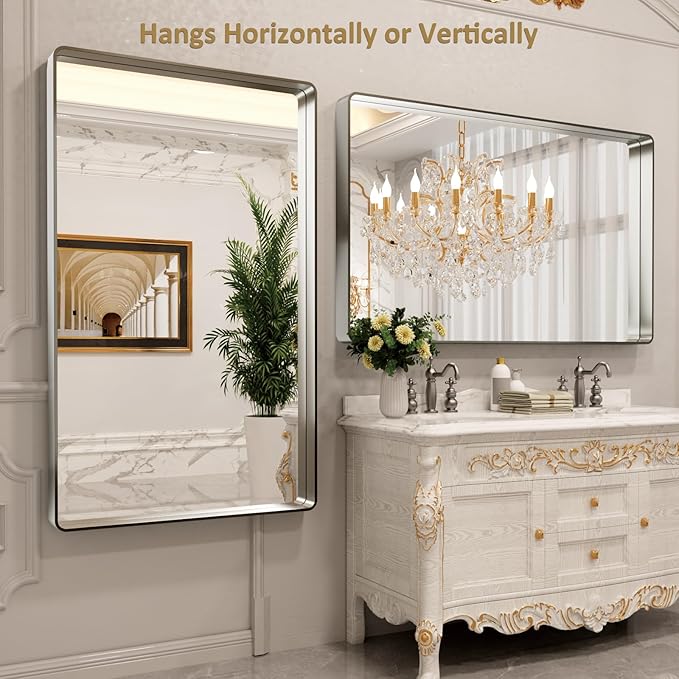 LOAAO 60X28 Inch Brushed Nickel Bathroom Mirror, Rounded Rectangle Silver Metal Frame Mirror, Brushed Nickel, Anti-Rust, Shatter Proof, Hangs Horizontally or Vertically
