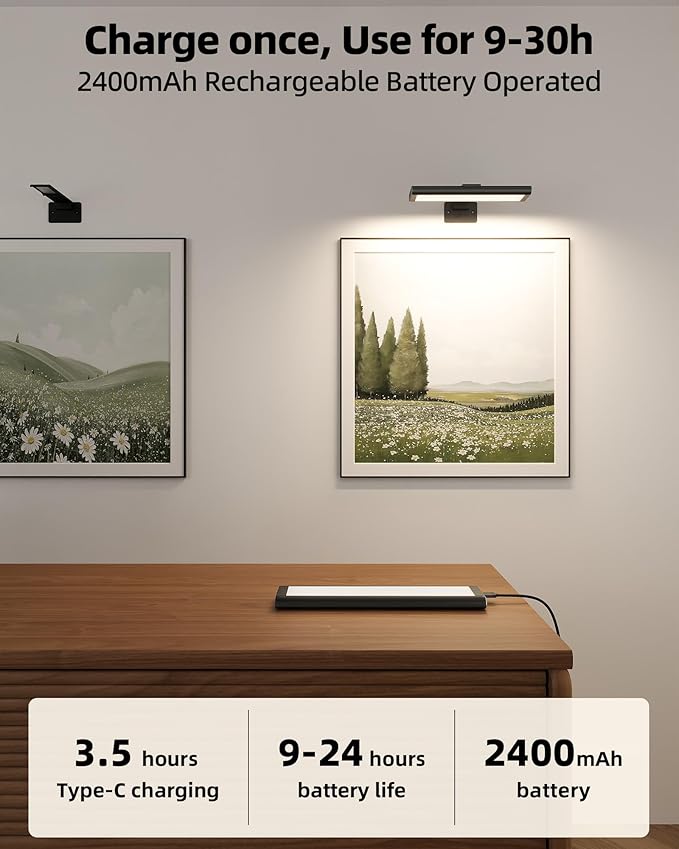 EZVALO Picture Light for Wall, Rechargeable 2400mAh Battery Lights Wireless Remote, 3 Color & Dimmable Magnetic 8'' LED Lights Display for Painting, Living Room, Gallery, Bedroom, Dashboard(Black-3P)
