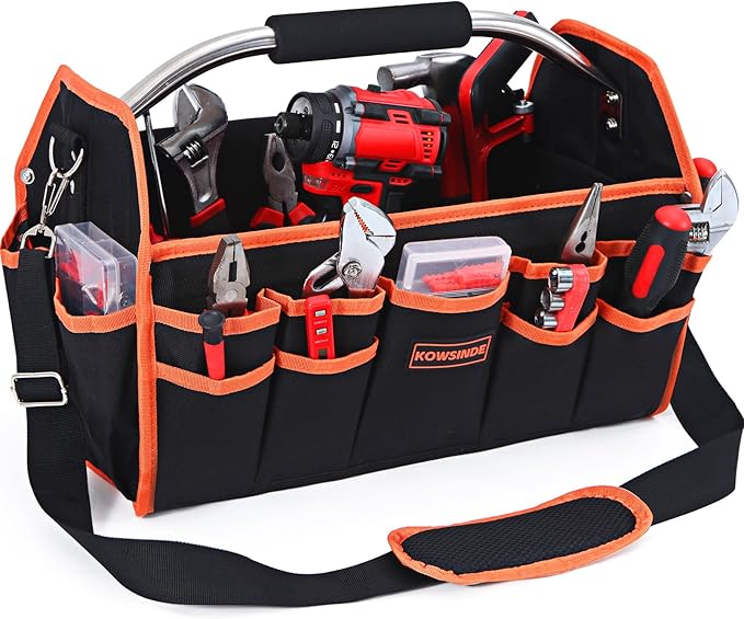 16 Inch Tool Bag, Electrician Tool Bag, Open Top Tool Bags, 26 Pockets Can Hold Many Tools, Steel Handle and Removable Shoulder Strap