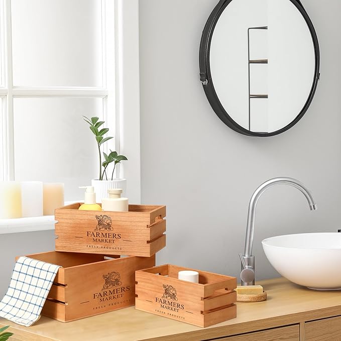 Barydat Set of 5 Wood Crates for Display Decorative Nesting Wooden Crate Storage with Handles Vintage Farmhouse Style Decorative Boxes Multipurpose Fruits Vegetables Boxes(Brown,Classic)