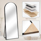 64"x21" Full Length Mirror with Stand, Shatterproof Arched Floor Mirror, Aluminum Alloy Thin Frame - Freestanding/Leaning/Wall Mount for Bedroom, Living Room & Entryway (Black)