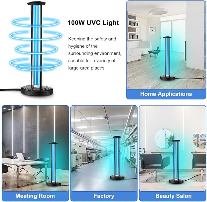 Qualirey 100W UV & Ozone Sanitizer, High Power Room Disinfection Light with 3 Level Timer & Remote, Whole Room Disinfection for Large Spaces, Offices & Basements
