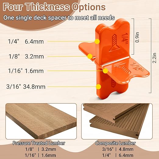 8 Pcs Deck Spacer Tool, Orange Deck Board Spacers with 4 Thicknesses 1/16", 1/8", 3/16", 1/4", Deck Spacers Jig Clamp for Pressure Treated Composite Decking Boards
