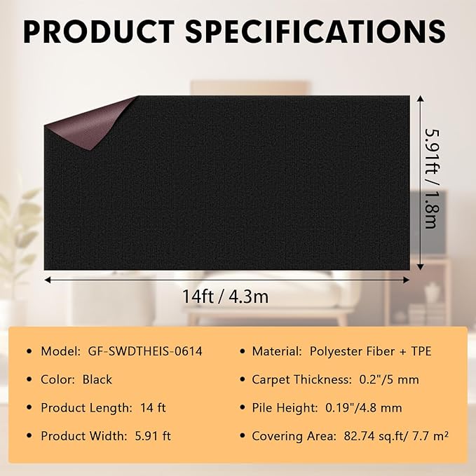 Marine Carpet,6 FT x 14 FT Black Indoor Outdoor Carpet 0.2" Thick with Water-Proof TPE Backing, Non-Slide for Home, Patio, Porch, Deck