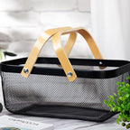 IBWell Square Metal Wire Woven Fruit Storage Bowl Basket with Wooden Handle, Large Black Mesh Fruit Stand, Multi-function Hanging Kitchen Baskets (Black, Extended)