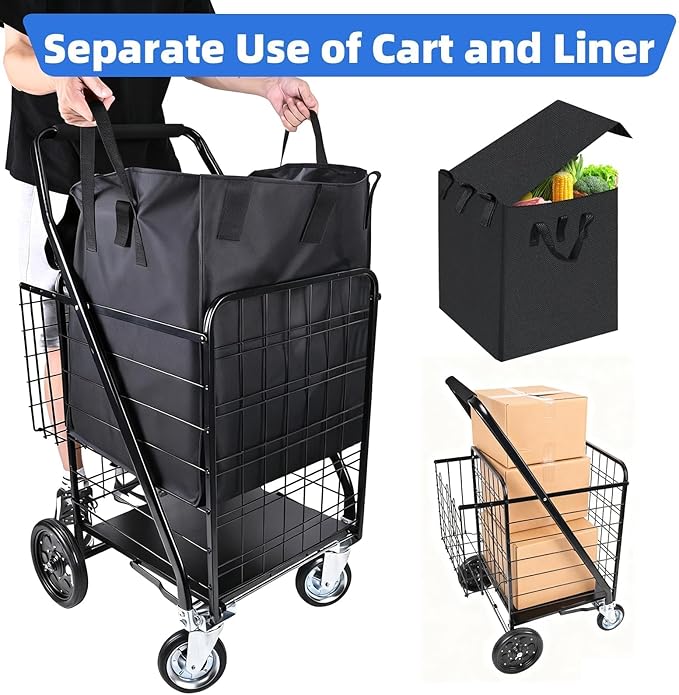 Folding Shopping Cart with Removable Waterproof Liner, 450LBS Capacity Grocery Cart with 39.5 Gal Dual Basket & 360° Swivel Wheels, Heavy-Duty Wagon for Grocery Shopping Laundry Transport