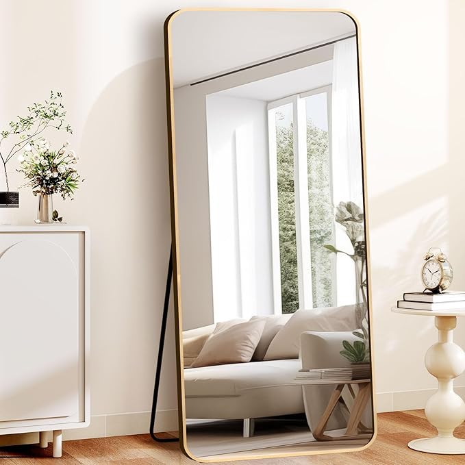 Full Length Mirror with Stand, 71"x31" Floor Mirror, Aluminum Alloy Gold Thin Frame - Freestanding/Leaning/Wall Mount for Bedroom, Living Room & Entryway (Gold)