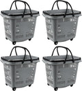 50 Liter Plastic Shopping Basket with Wheels, 4 Pack Large Rolling Baskets for Groceries, Gray