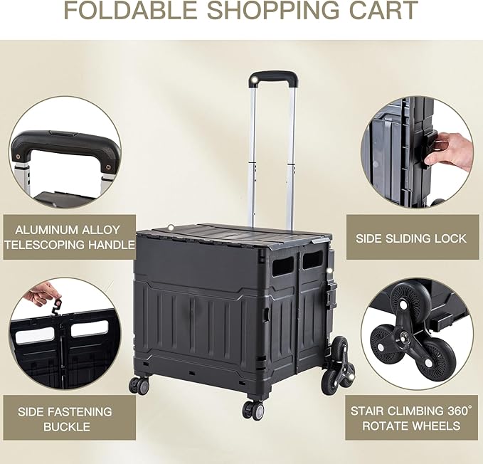 Foldable Utility Cart ，Folding Shopping carts，Collapsible cart with Stair Climbing Wheels, 8 Wheel Shopping cart，Collapsible Rolling Crate with Telescoping Handle (Black, 17.32 * 17.13 * 30.12)