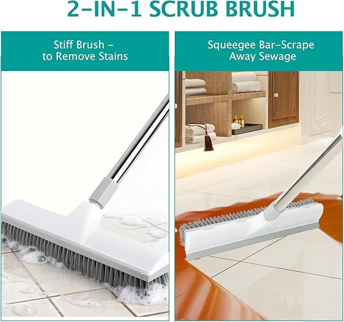 Floor Brush, 2-in-1 Scraping Brush,with 59.8" Long-Handled Adjustable Floor Brush, Suitable for Cleaning Kitchen, Bedroom, Shower Room, Floor, Tile Patios, Outdoor Patio, Terrace (White)