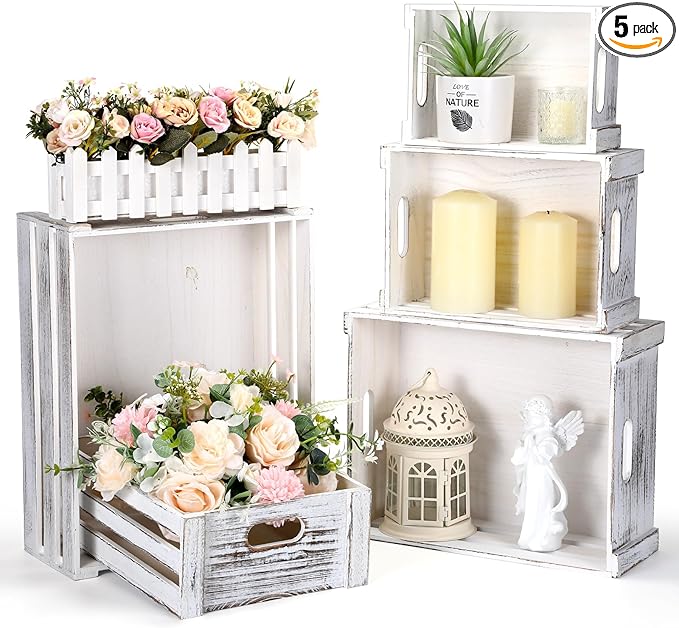5 Pack Decorative Wood Crates for Display 5 Sizes Rustic Nesting Wooden Crates Vintage Storage Container Boxes with Handles Handmade Decorative Baskets Bin for Farmhouse(Vintage White)