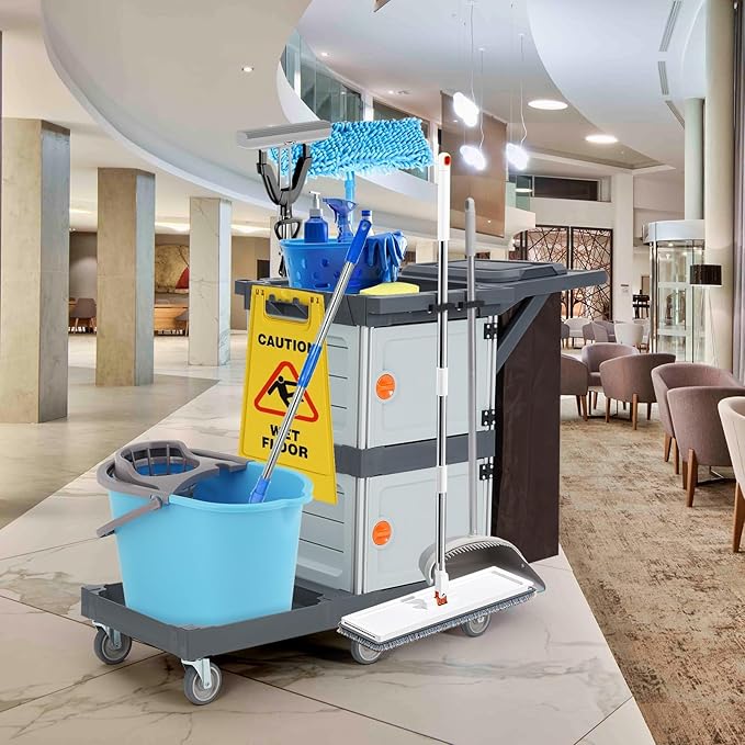 Commercial 3-Shelf Janitorial Cart with 2 Cabinets/Shelves, Commercial Traditional Wheeled Cleaning Cart with Cover and Oxford Bag, 300 Lb Capacity, Suitable for Schools, Hotels, Apartments