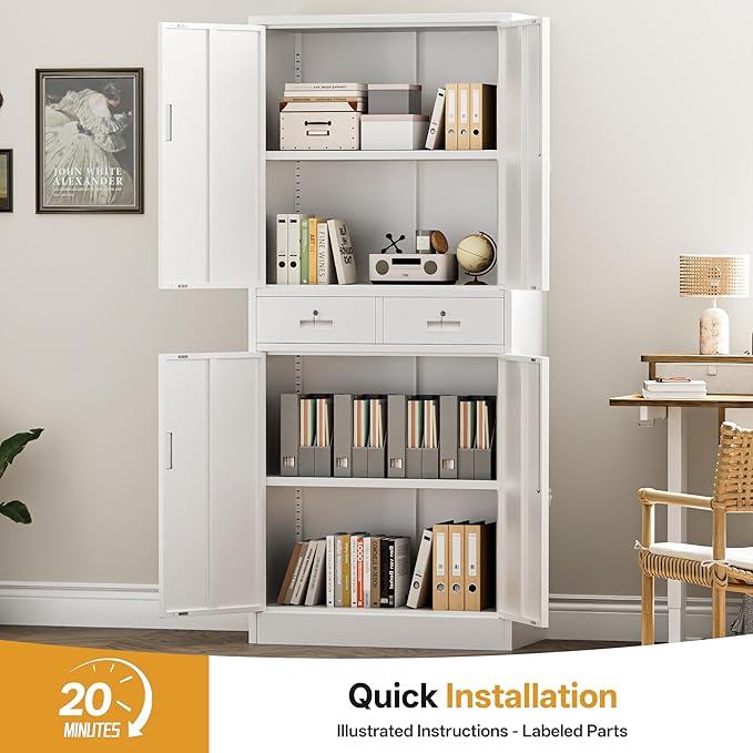Metal Storage Cabinet with 2 Drawers 71" H,White Metal Garage Cabinets with 2 Lockable Doors and Adjustable Shelves Easy to Assemble for Home Office, Kitchen,Pantry,Garage,Warehouse