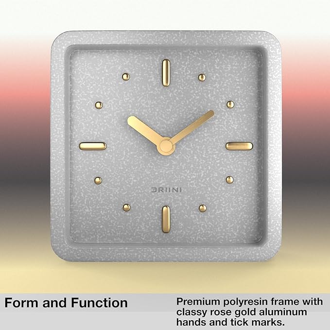 Driini Modern Mid Century Desk & Shelf Clock (Gray and Gold) - Battery Operated with Silent, Analog Movement – Small Tabletop Clocks for Office – Perfect for Mantle, End Table, Desktop or Nightstand